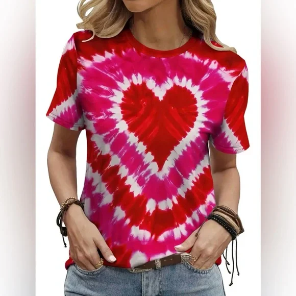 NEW Heart Tie-Dye Women's T-shirt. Pink/red/white. Fun & cheerful. - Picture 2 of 4